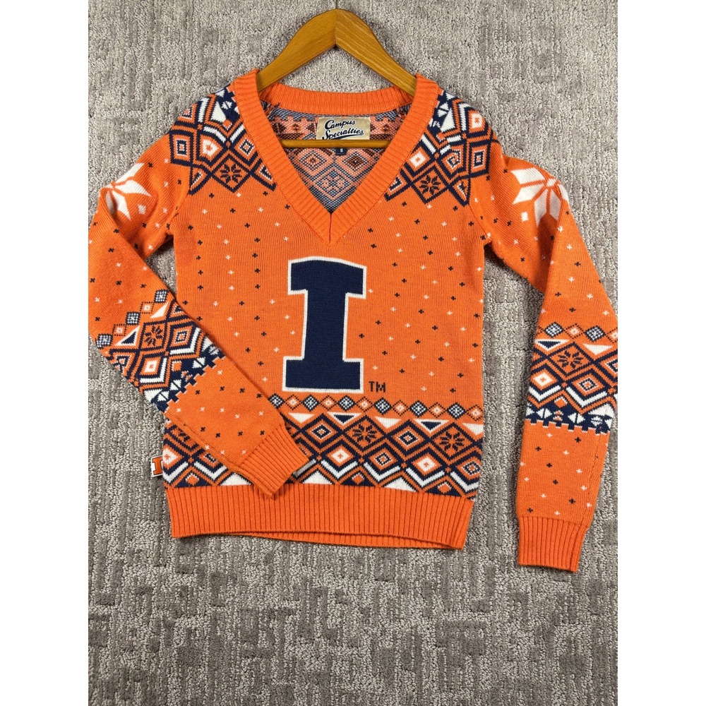 Campus Specialties Illinois Fighting Illini Sweater S Orange Fair Isle V-Neck